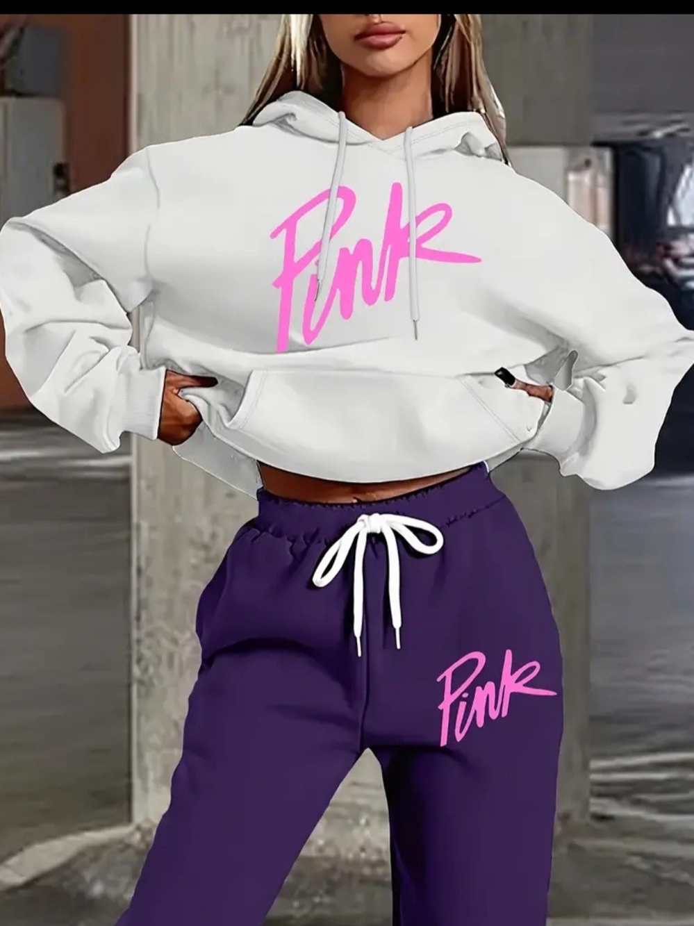White Cropped Hoodie with Pink Script And Purple Pants